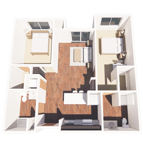 Floor plan for 2 beds, 2 baths, 908 sqft